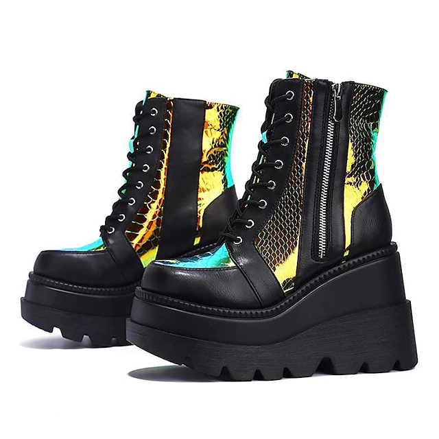 Women's Holographic Snake - Print Platform Ankle Boots, Edgy Punk Goth Style with Chunky Heel & Side Zipper, Perfect for Night Out & Festival Looks 6
