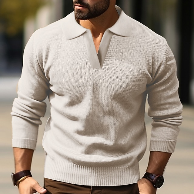  Men's Pullover Sweater Jumper Cropped Sweater Ribbed Knit Regular Knitted Plain Lapel Modern Contemporary Work Daily Wear Clothing Apparel Winter Autumn Black Khaki M L XL