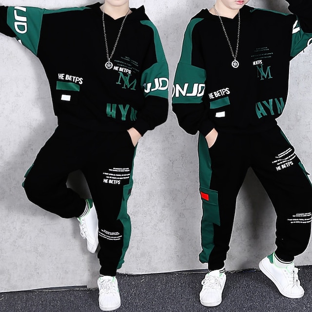  2-delig Kinderen Jongens Hoodie & shorts Kleding Grafisch Brief Lange mouw Zak Set Buiten Modieus Stoer Lente Herfst 7-13 jaar Zwart Donkergroen