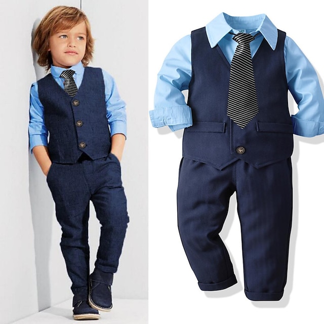  4 Pieces Kids Boys Suit & Blazer Outfit Solid Color Long Sleeve Button Cotton Set Formal Fashion Spring Fall 7-13 Years Sky Blue