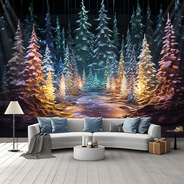 Hanging Tapestry Tree Winter White Forest Wall Art Large Tapestry Mural Decor Photograph Backdrop Blanket Curtain Home Bedroom Living Room Decoration 17