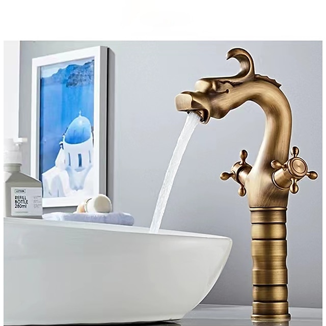  rubinetto per lavabo da bagno per vasca, novità stile lungo a forma di drago con montaggio esterno rubinetti per vasca da bagno alti con due maniglie e un foro in ottone antico