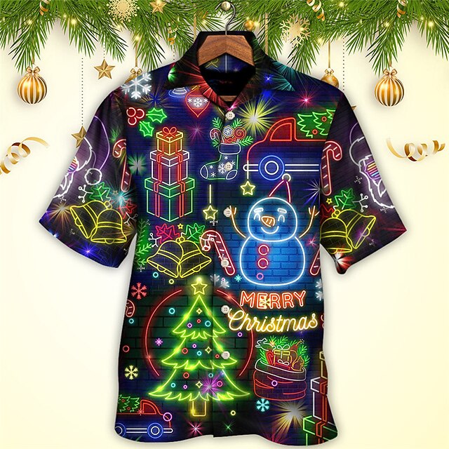 Christmas Men's Christmas Scene Printed Shirts Snowman Tree  Casual Rock Outdoor Street Fall Turndown Short Sleeve Dark Navy S M L Shirt4