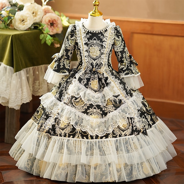  Gotisk Rokoko Vintage Inspireret Kjoler Festkostume Maskerade Prinsesse Shakespeare Helfarve Balkjole Pige Royal Halloween Karneval Barnets Dag Bryllup Fest Bryllupsgæst Børne Kjole Alle årstider