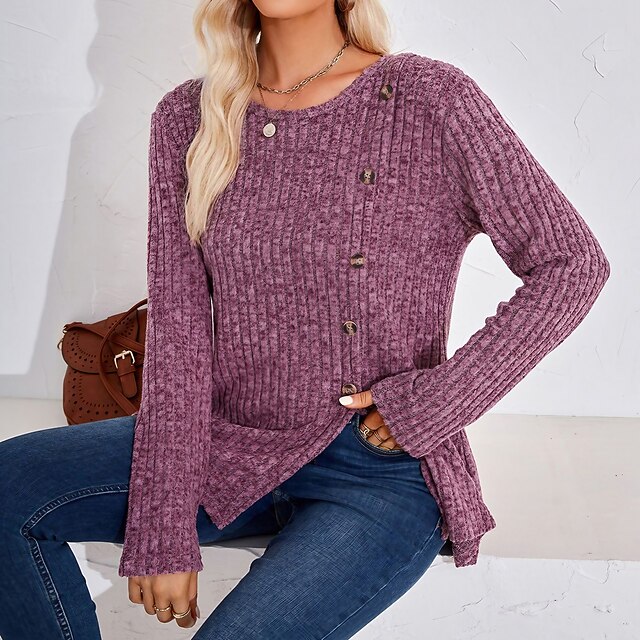 T shirt Tee Women's Black Wine Blue Solid / Plain Color Button Split Daily Fashion Round Neck Regular Fit S 11