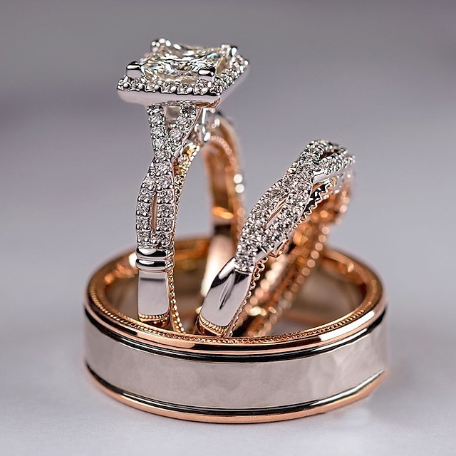  Men Women Couple Rings Wedding Geometrical Gold Copper Rhinestone Mini Vintage Stylish Simple 3pcs