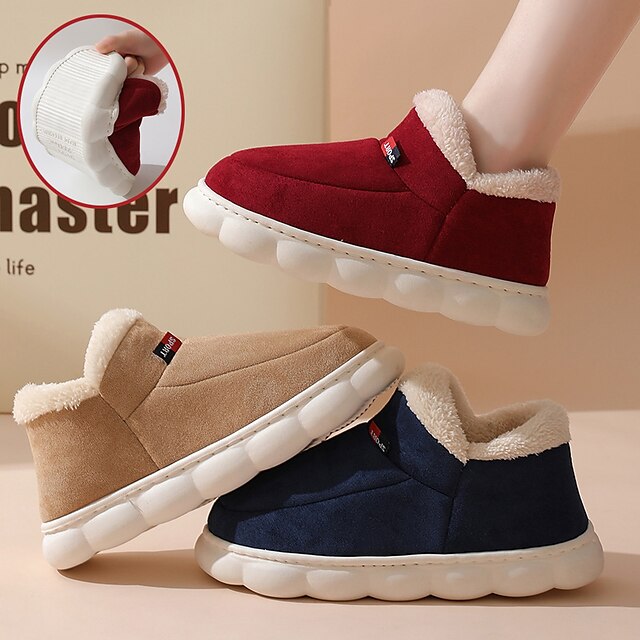  Men's Women's Flats Slippers Fuzzy Slippers Fluffy Slippers House Slippers Home Daily Indoor Solid Color Winter Flat Heel Round Toe Casual Comfort Minimalism Satin Faux Suede Loafer Wine Navy Blue