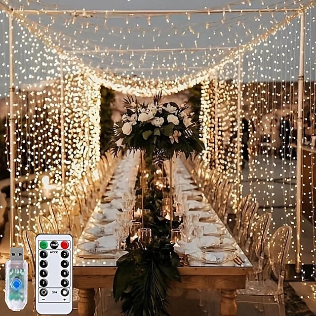  1pc Curtain Light 300 LEDs Window String Light Christmas Wedding Party Decorations, Warm White