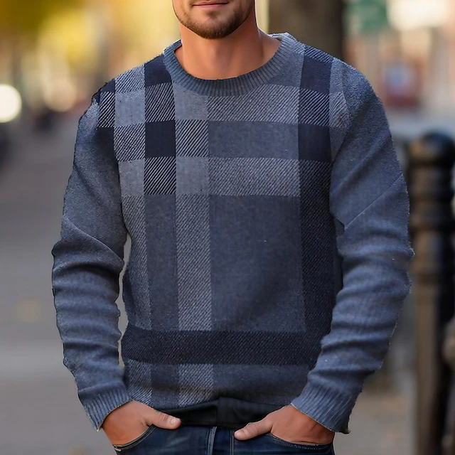 Men's Pullover Sweater Jumper Cashmere Cropped Sweater Cashmere Sweater Jumper Ribbed Knit Regular Knitted Slim Fit Plaid Crew Neck Modern Contemporary Work Daily Wear Clothing Apparel Winter Khaki3