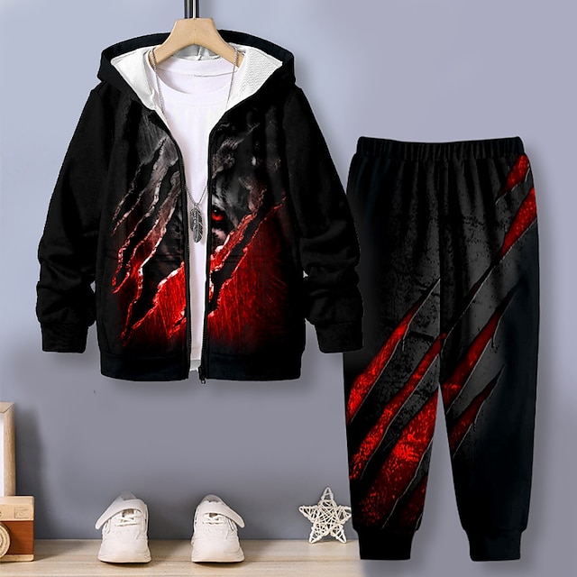  Boys 3D Tiger Hoodie & Pants Set Long Sleeve 3D Printing Fall Winter Active Fashion Cool Polyester Kids 3-12 Years Outdoor Street Vacation Regular Fit