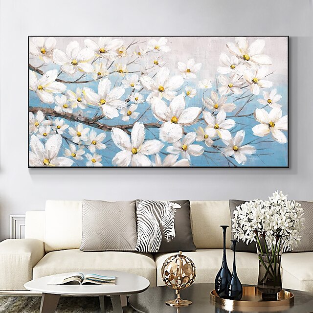  käsintehty öljymaalaus kankaalle seinätaidekoriste modernit valkoiset kukat aprikoosi runsaasti ja kukkasia kodin sisustukseen rullattu kehyksetön venyttämätön maalaus