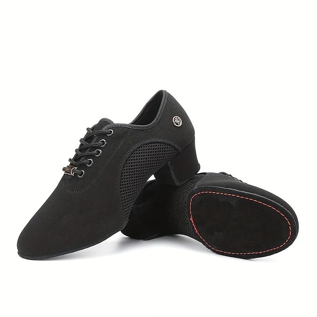  Women's Latin Shoes Practice Trainning Dance Shoes Performance Training Heel Cuban Heel Pointed Toe Lace-up Adults' Black