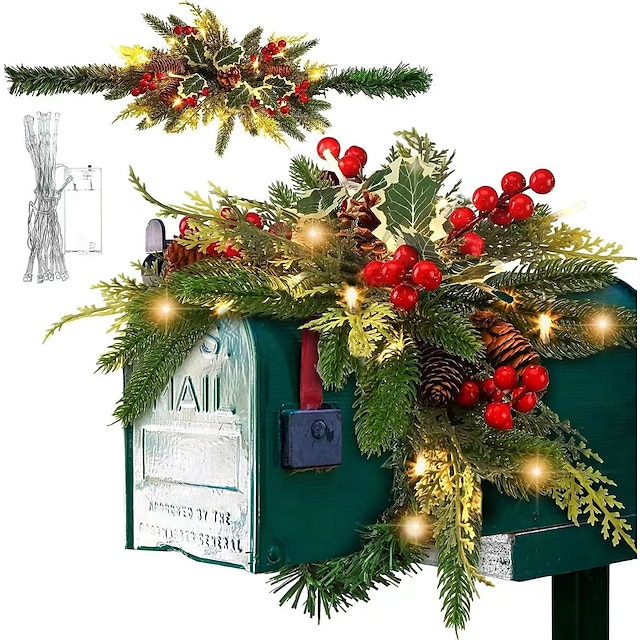 Christmas Mailbox Swag with Berries Pine Cones and Battery Operated LED