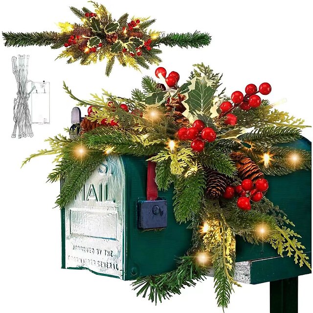 Christmas Mailbox Swag with Berries Pine Cones and Battery Operated LED