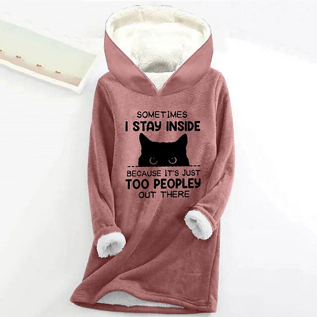 Women's Hoodie Sweatshirt Pullover Sherpa Cat Letter Casual Sports Print Warm Fuzzy Comfrt Hoodie Long Sleeve Top Micro-elastic Fall & Winter Comfrt Breathable Soft Fabric 7