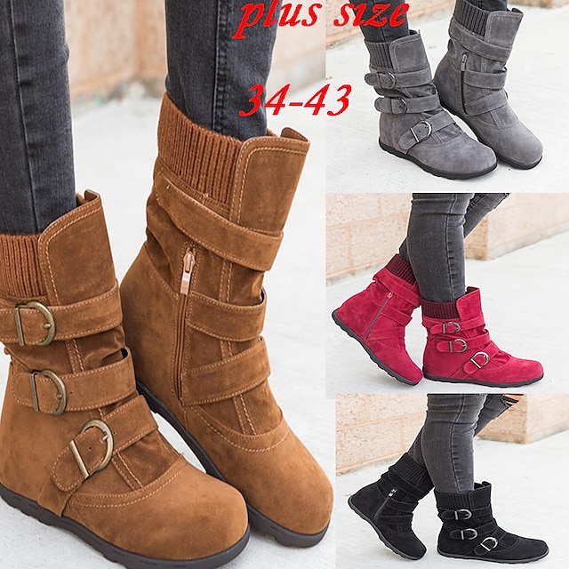  Women's Boots Plus Size Outdoor Daily Solid Color Booties Ankle Boots Winter Buckle Flat Heel Round Toe Elegant Plush Casual Faux Suede Loafer Black Red Brown