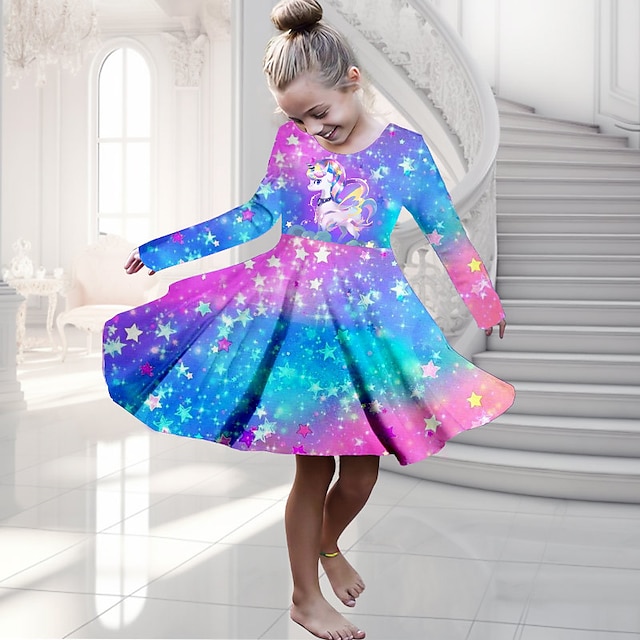  Girls' 3D Rainbow Unicorn Dress Long Sleeve 3D Print Fall Winter Sports & Outdoor Daily Holiday Cute Casual Beautiful Kids 3-12 Years Casual Dress A Line Dress Above Knee Polyester Regular Fit