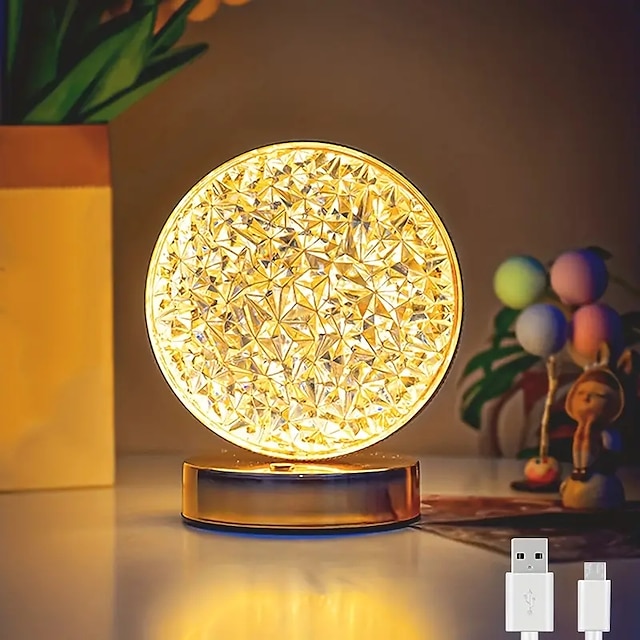  kristallen bureaulamp 3-kleuren aanraakverstelling oplaadbare ronde bureaulamp slaapkamer woonkamer sfeerlamp bar bureaulamp