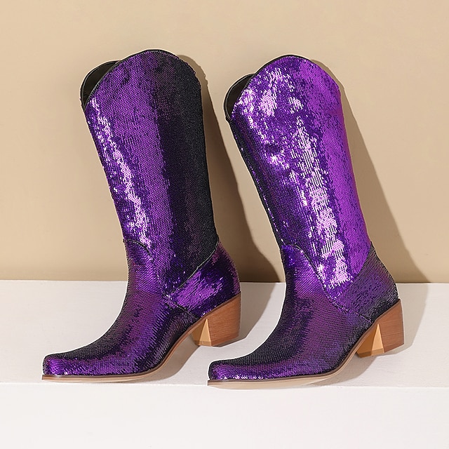  Γυναικεία Μπότες Μπότες καουμπόι δυτικές Μεγάλα Μεγέθη Μπότες με τακούνι Πάρτι Συμπαγές Χρώμα Μπότες Mid Calf Χειμώνας Πούλιες Κοντόχοντρο Τακούνι Μυτερή Μύτη Βοημία PU Μαύρο Ασημί Ροζ