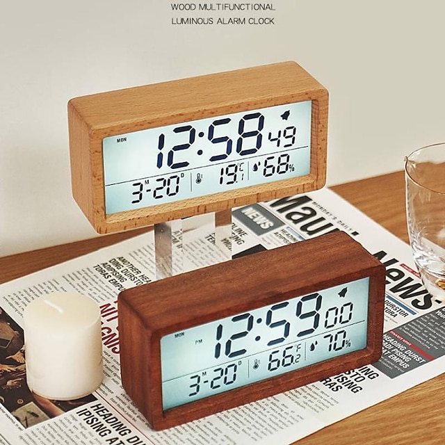  kreatywny zegar z drewna cyfrowy zegar temperatury i wilgotności lampka nocna zegar z wyświetlaczem LCD na dużym ekranie drewniany budzik z funkcją drzemki