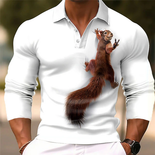 Men's Squirrel Polo Shirts Golf Shirt Long Sleeve Polo Shirts Collared Shirts Casual Funny Vacation Wear Party Outfits 3D Print Buttons Fall & Winter White Wine Brown 5