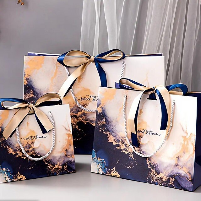  30pcs Royal Blue Paper Bag Marble Pattern Tote Ribbon Gift Bag Tote Bag Clothing Bag