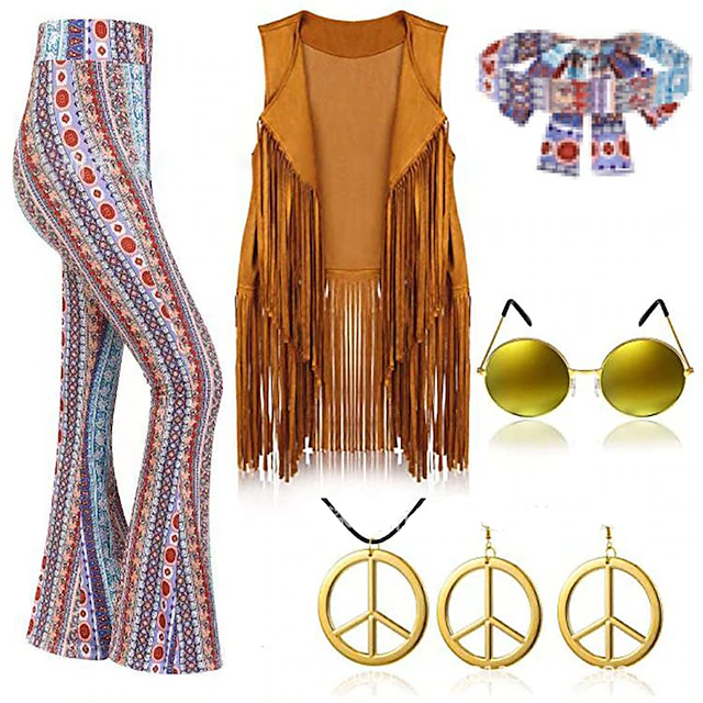 7 Pcs 60s 70s Outfits for Women Hippie Costume Set Boho Flared Pants ...