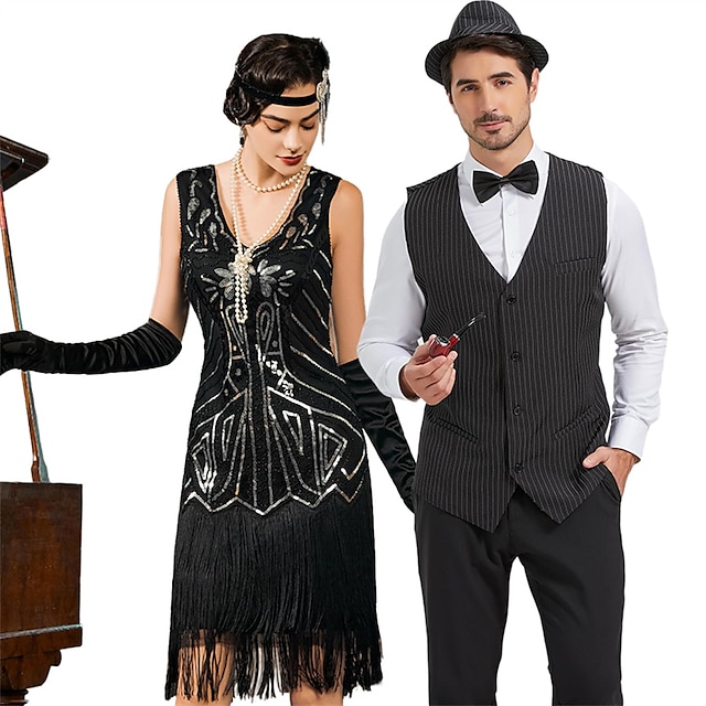  Retró Ordító 20-as évek 1920-as évek Flapper ruha Felszerelések Mellény Párok jelmezek A nagy Gatsby Úriember Férfi Női Flitter Rojt Újév Parti Diákbál Jelmez