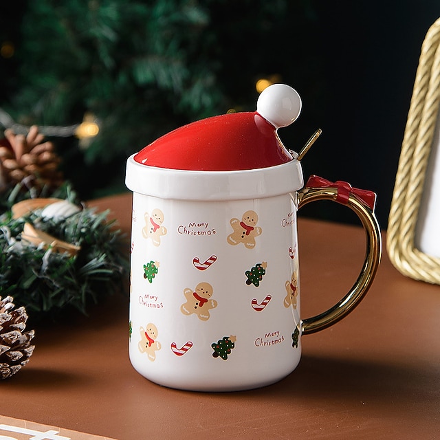  400ml Christmas Ceramic Mug with Christmas Hat Lid and Gold Spoon Creative Water Milk Tea Cup Cute Christmas Gift for Child Kids Coffee Cup
