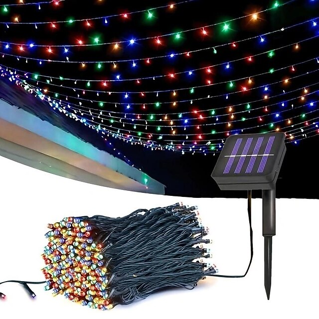  1 יחידה, אורות חג המולד סולאריים בחוץ, 30/50/100/200/300/500/ 1000 נוריות סולאריות LED, אורות נצנצים חוטים ירוקים ב-8 מצבים, מגני חג עמיד למים, למסיבת חתונה בחצר עץ חג המולד