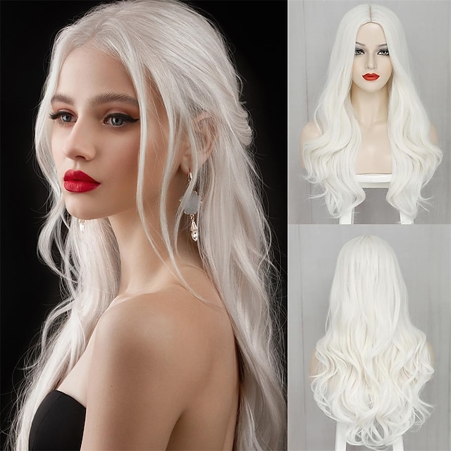  White Wigs for Women 26 Inches Long White Wig Synthetic Wig Middle Part Natural Looking White Wavy Wig for Daily Use Halloween Cosplay Wig Christmas Party Wigs