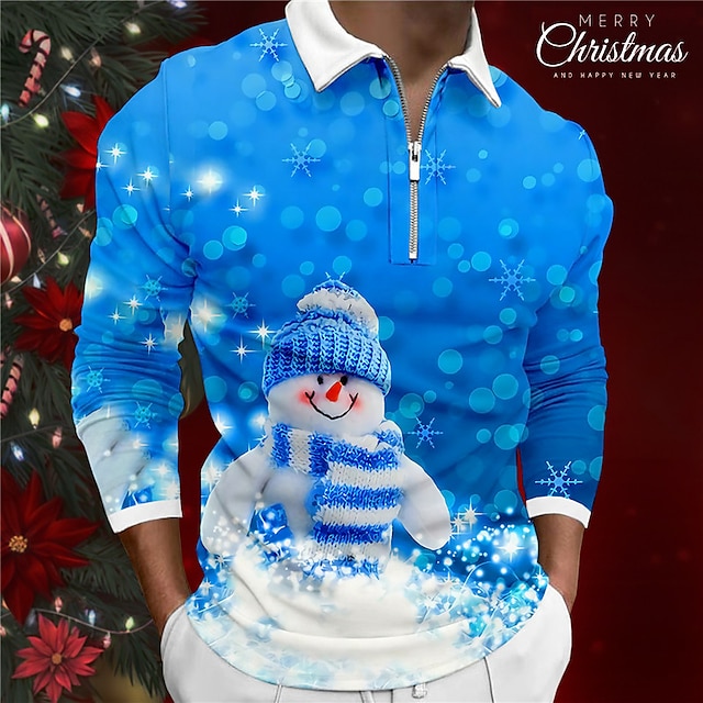  Χιονάνθρωπος Ανδρικά Καθημερινό 3D Στάμπα Zip Polo γκολφ πόλο ΕΞΩΤΕΡΙΚΟΥ ΧΩΡΟΥ Καθημερινά Streetwear Πολυεστέρας Μακρυμάνικο Απορρίπτω Φερμουάρ Μπλουζάκια πόλο Λευκό Μπλε Φθινόπωρο & Χειμώνας Τ M L
