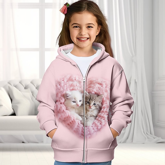  Flickor 3D Katt Huvtröja Kappa Ytterkläder Långärmad 3D-tryck Höst Vinter Aktiv Mode söt stil Polyester Barn 3-12 år Utomhus Ledigt Dagligen Normal