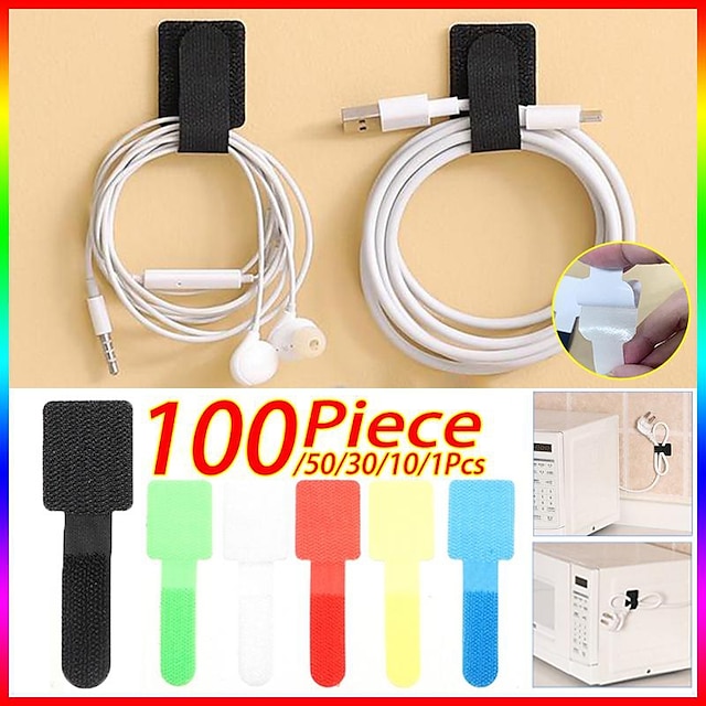  100PCS New Style Nylon Type Tie Self Adhesive Cable Tie Wire Organizer For Charging Line Headset Audio Cables Laptop Charging Wires Desk Clips Stationary Adhesive Tape Cord Holder Wire Storage Shelf