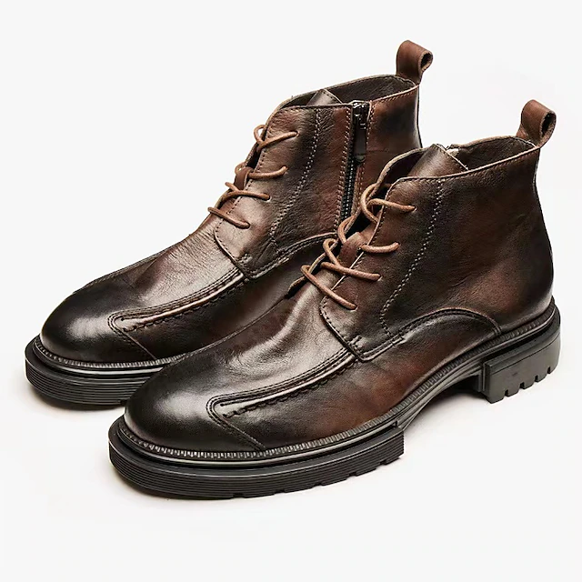 Men's Vintage Brown Leather Ankle Boots with Lace-Up Design, Zipper Closure, and Rugged Non-Slip Sole for Outdoor and Casual Wear 9