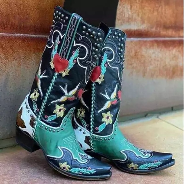  Pentru femei Cizme Cizme Western Cowboy Mărime Plus Size În aer liber Muncă Zilnic Bloc Culoare Ghete până la genunchi Iarnă Ținte Broderie Blocați călcâiul Toc Îndesat Vârf ascuțit Vârf pătrat