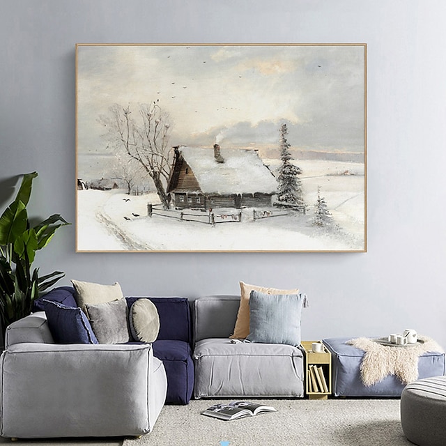  paesaggio invernale vintage dipinto a mano antico dipinto invernale arte della parete di Natale casa in legno innevata arte della parete della fattoria fatta a mano tela arrotolata (senza cornice)