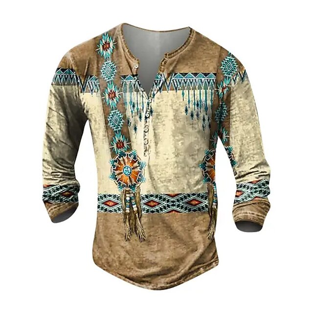 Men's Graphic Tribal Henley Shirt Long Sleeve 3D Print Daily Ethnic Casual Casual Holiday Going out Spring &  Fall Khaki Henley Henley T-Shirt3