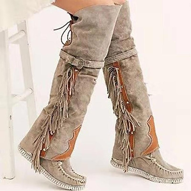  Women's Boots Cowboy Boots Suede Shoes Plus Size Outdoor Daily Solid Color Over The Knee Boots Thigh High Boots Tassel Wedge Heel Hidden Heel Round Toe Elegant Bohemia Vintage Walking Faux Suede