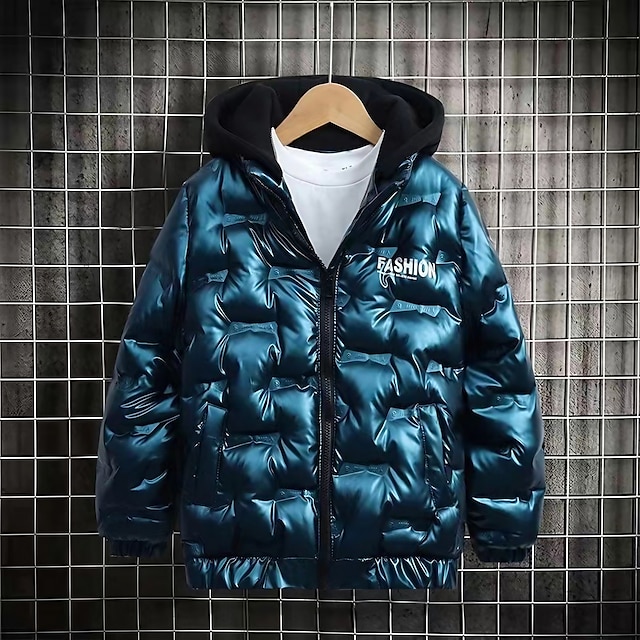  Kids Boys Hoodie Jacket Outerwear Kids Puffer Jacket Solid Color Long Sleeve Zipper Coat Outdoor Cool Daily Black Blue Grey Spring Fall 7-13 Years