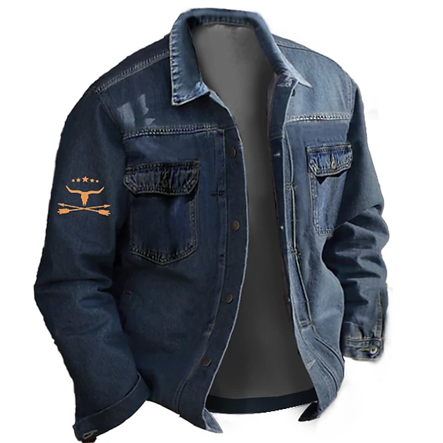 Men's Denim Coat Jean Jacket Denim Jacket Comfortable Breathable Casual Sports & Outdoor Going out Weekend Buttons Print Fall & Winter Turndown Long Sleeve Black Blue 8