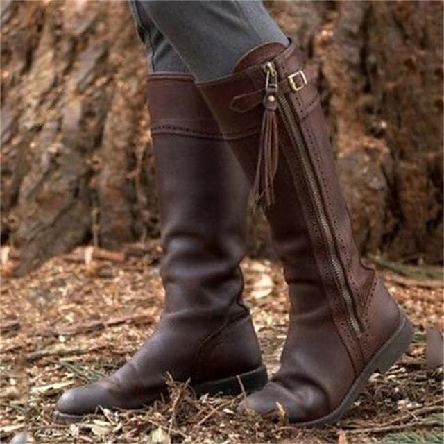  Women's Boots Motorcycle Boots Plus Size Work Boots Outdoor Daily Solid Color Cut-out Knee High Boots Winter Buckle Zipper Flat Heel Round Toe Vintage Casual Comfort Faux Leather Zipper Black Brown