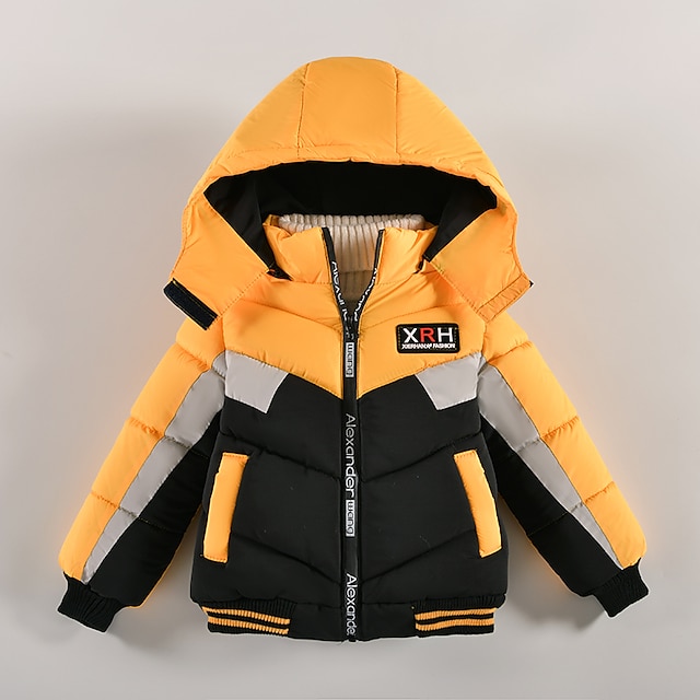  Toddler Boys Hoodie Jacket Outerwear Kids Puffer Jacket Solid Color Letter Long Sleeve Button Coat Outdoor Cotton Fashion Daily Yellow Red Blue Winter 1-3 Years