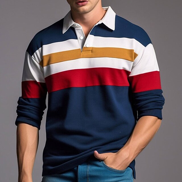 Men's Stripe Rugby Polo Long Sleeve Polo Shirts Zip Casual Outdoor Casual Daily Streetwear 3D Print Fall & Winter Red Navy Blue Dark Blue4