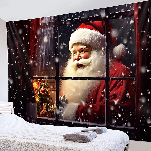 Christmas Decorations Santa Claus Hanging Tapestry Wall Art Xmas Large Tapestry Mural Decor Photograph Backdrop Blanket Curtain Home Bedroom Living Room Decoration Window Snow View 26