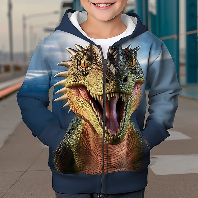  Pojkar 3D Dinosaurie Huvtröja Kappa Ytterkläder Långärmad 3D-tryck Höst Vinter Mode Streetwear Häftig Polyester Barn 3-12 år Utomhus Ledigt Dagligen Normal