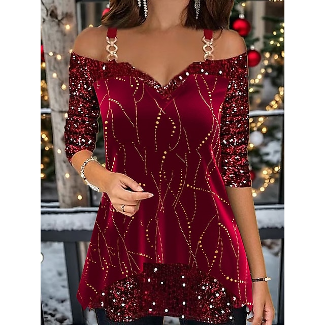  Women's Shirt T shirt Tee Blouse Christmas Shirt Velvet Striped Sparkly Sequins Print Party Christmas Weekend Festival / Holiday Cold Shoulder Long Sleeve V Neck Wine Spring &  Fall