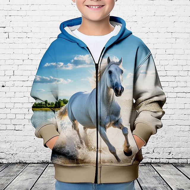 Мальчики 3D Лошадь Толстовка Пальто Верхняя одежда Длинный рукав 3D печать Осень Зима Мода Уличный стиль Круто Полиэстер Дети 3-12 лет на открытом воздухе Повседневные Стандартный