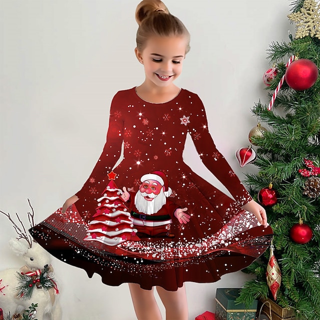  Girls' 3D Santa Claus Snowman Snowflake Dress Long Sleeve 3D Print Fall Winter Sports & Outdoor Daily Holiday Cute Casual Beautiful Kids 3-12 Years Casual Dress A Line Dress Above Knee Polyester