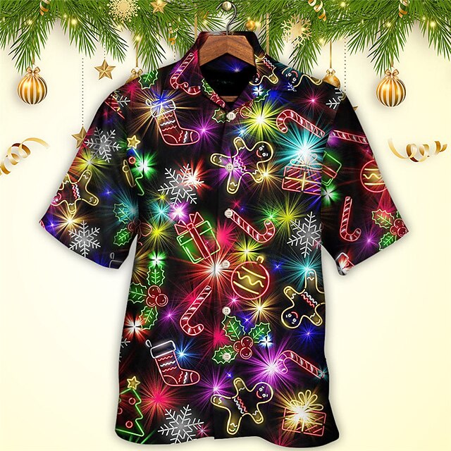 Christmas Men's Christmas Scene Printed Shirts Pattern Artistic Casual Outdoor Street Fall Turndown Short Sleeve Black S M L Shirt3